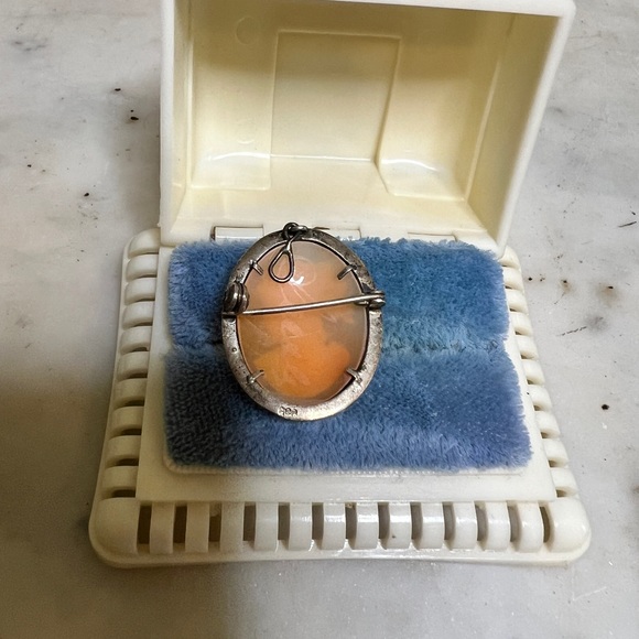 Antique Cameo Pendant/Brooch Combo 800 silver Marcasite Carved Shell Oval - Picture 5 of 6